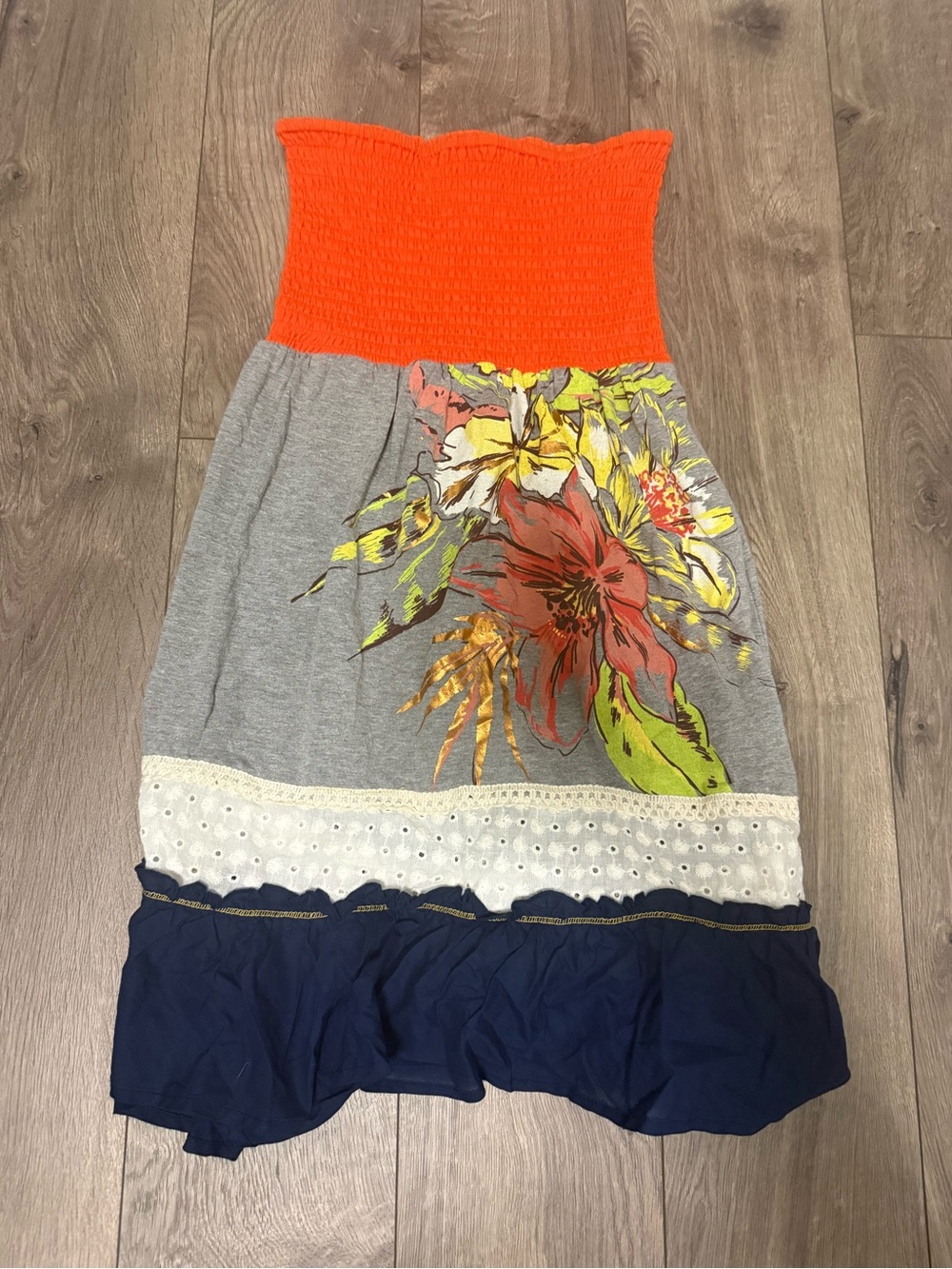 Rewind Orange Smocked Strapless Dress with Floral Print